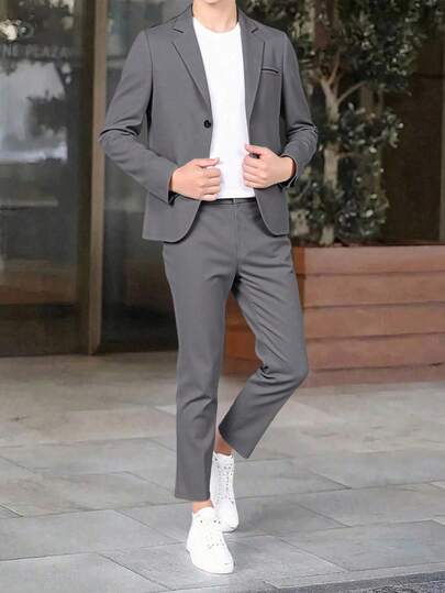 SHEIN Set de 2 piezas de Chaqueta tipo blazer y pantalones formales de cintura elástica de unicolor en estilo caballero formal para niños adolescentes, adecuado para fiesta de cumpleaños, fiesta de noche, actuación, boda