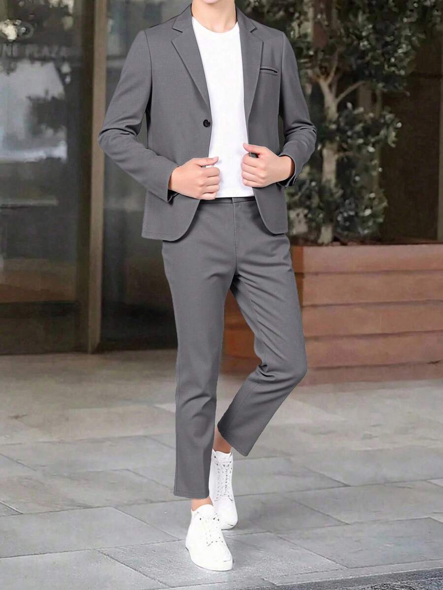 SHEIN 2 件套青少年男童夏季休闲学院绅士风格纯色西装外套和松紧腰正装裤套装，适合生日派对、晚会、表演、婚礼 - 灰色 - 查看 1