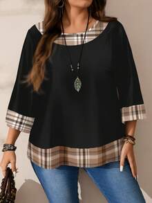 EMERY ROSE 大码女式休闲浪漫全印花圣诞格子图案撞色印花圆领宽松七分袖衬衫，黑色 - 彩色 - 查看 3