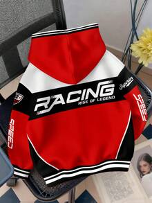 Attitoon Chaqueta con capucha suelta y casual, con estampado de letras y números en contraste de color negro y rojo, sudadera abierta, adecuada para salidas, estilo callejero, elegante, otoño/invierno - Multicolor - Ver 2