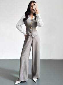 Firerie 优雅条纹单排扣长袖衬衫阔腿裤套装 / 条纹套装 / 适合女性 / 秋季女装 / 通勤装 / 教师装 / 返校季 / 复古风 / 商务休闲女装 / 女士办公室着装 / 老钱风格套装 / 知性优雅套装 - 彩色 - 查看 4