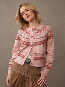 WESTFADE 圆领纽扣前开襟宽松费尔岛针织开衫毛衣，可爱秋季针织上衣，适合秋季、冬季、假日、圣诞节、法兰绒、新年夜等场合。 - 彩色 - 查看 3