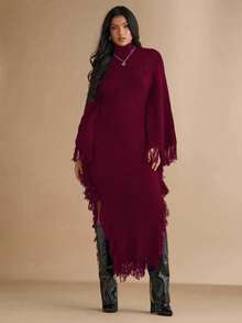 Silquee Women's Solid Color Stand Collar Fringe Decor Side Slit Dress, Autumn/Winter,Fall,Fall Clothes For Women