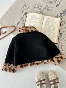SHEIN 3Months-3Years Baby Girl Coat ,1pc Casual And Street Daily Style Coat Fall Outfits For Girl,Long Sleeves Warmer Cheetah Print Fabric Fleece Jacket - Black - View 2
