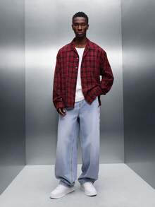 PLAYBOY X SUMWON Men's Cropped Button Down Plaid Flannel Shirt With Back Graphic Print Long Sleeve Casual Fall Winter - Red and Black - View 3