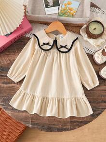 SHEIN Baby Girls Ruffled Collar Patchwork Dress With Ruffle Hem And 3D Bow Accent, Casual Cute & Elegant Daily Wear - Apricot - View 4