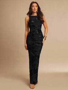 Silquee Váy ôm vừa vặn thêu hoa thanh lịch, tối giản gợi cảm dành cho nữ - màu đen - Xem 4