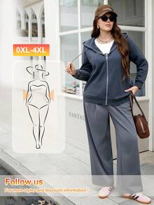 SHEIN LUNE Plus Size Women's Solid Color Drop Shoulder Hooded Drawstring Zip-Up Casual Versatile Sweatshirt,Winter Christmas For Women Party Hooded - Dark Grey - View 5