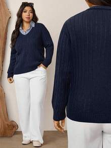 SHEIN LUNE Sweter z dzianiny w jednolitym kolorze, z dekoltem w serek, w dużym rozmiarze, na co dzień, na jesień/zimę