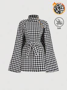 SHEIN MOD Women Winter Coats For Houndstooth Print Cloak Sleeve Overcoat,Business,Hippie,Flared Overcoat