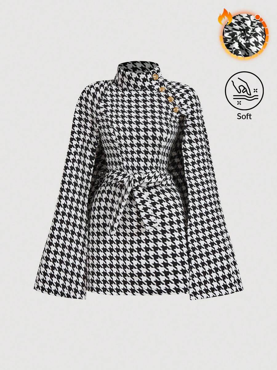 SHEIN MOD Women Winter Coats For Houndstooth Print Cloak Sleeve Overcoat,Business,Hippie,Flared Overcoat
