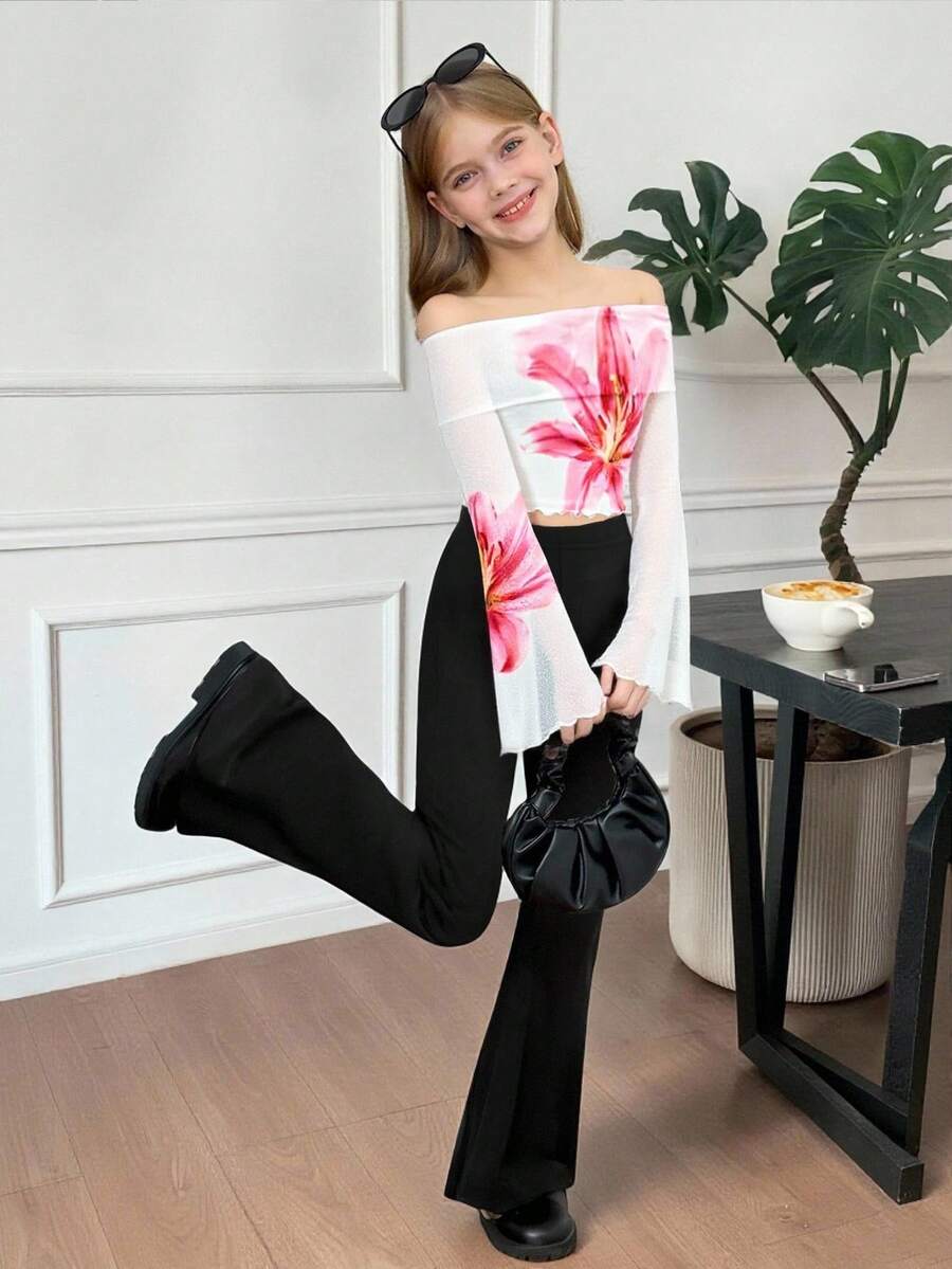 SHEIN 青少年女孩2件套,黑白配色,夏季Y2K風格,茶會優雅花卉網紗露肩喇叭長袖短版上衣搭配純黑長褲套裝 - 白色 - 查看 1