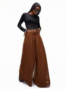 GENKIRA Quần ống rộng oversized phong cách French Chic cao cấp mới dành cho nữ, thiết kế cạp trễ, cài nút, tạo hiệu ứng xếp nếp, làm thon gọn, quần ống rộng trong suốt xếp ly giản dị giống vải lanh - màu nâu - Xem 7