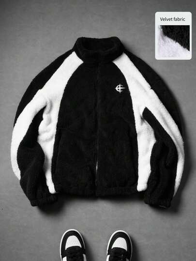 PAVTROS 男士撞色拼接刺绣保暖长袖黑白抓绒外套，男士街头风拉链Y2K外套，街头服饰