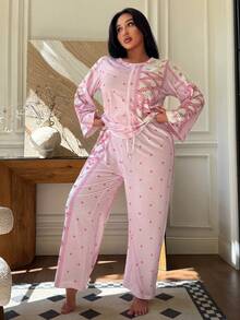 Miss Vinta Plus Size 2pcs Romantic Countryside Style Polka Dot Bow Floral Knit Pajama Set, Spring/Autumn, Winter Clothes - Pink - View 4