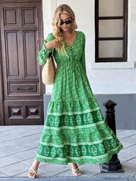 Breezaya 花卉印花打结前襟荷叶袖荷叶边下摆长连衣裙，适合新年穿着