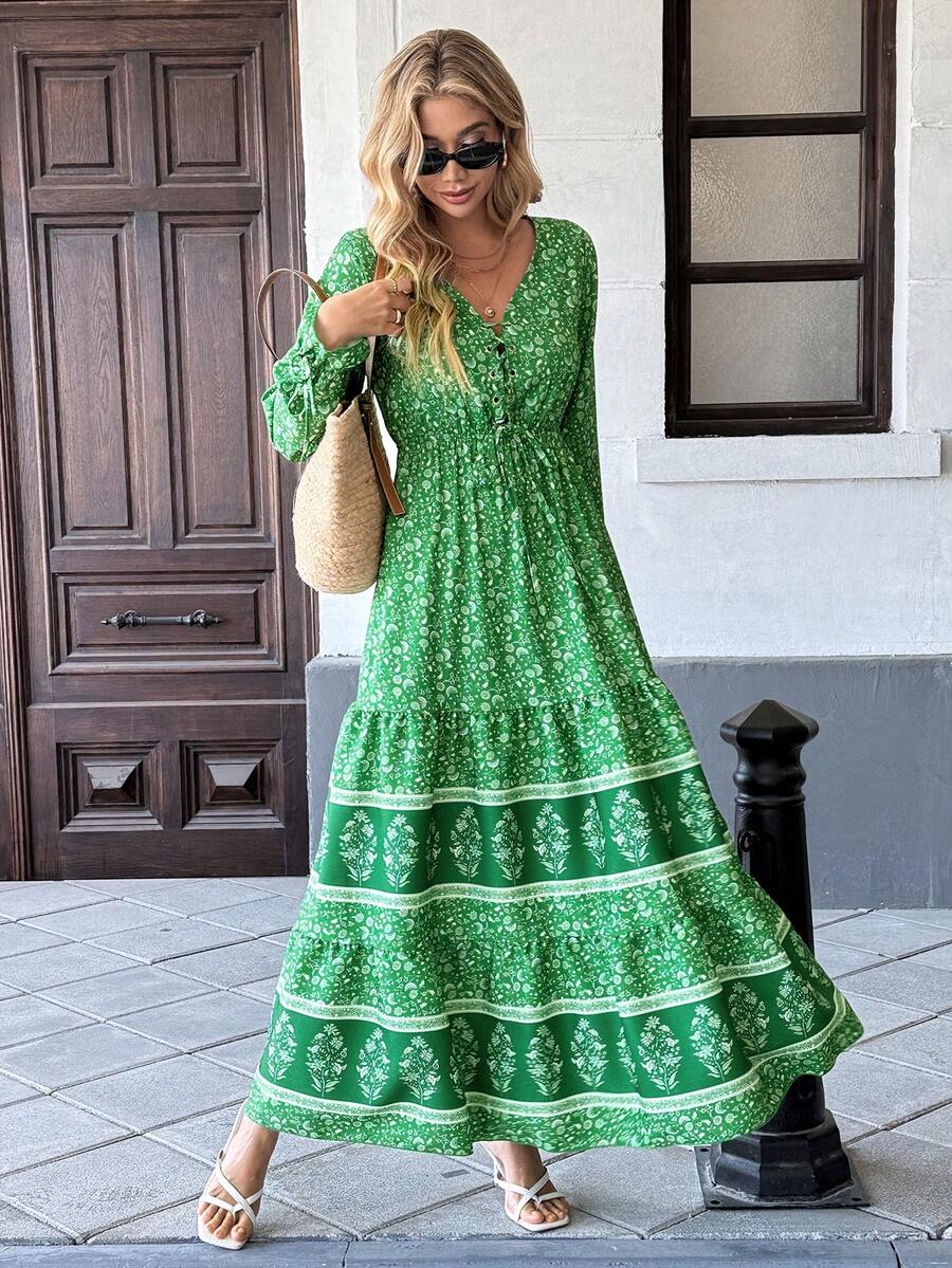 Breezaya Gaun Maxi Motif Bunga dengan Simpul di Depan, Lengan Bergelombang, dan Hem Berkerut untuk Pakaian Tahun Baru - Hijau - View 1