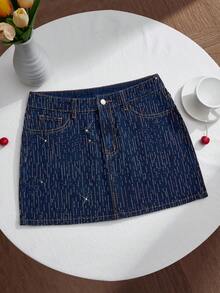 Comfortcana Women's Summer Fashion Rhinestone Embellished Slant Pocket Mini Denim Skirt - Dark Wash - View 1