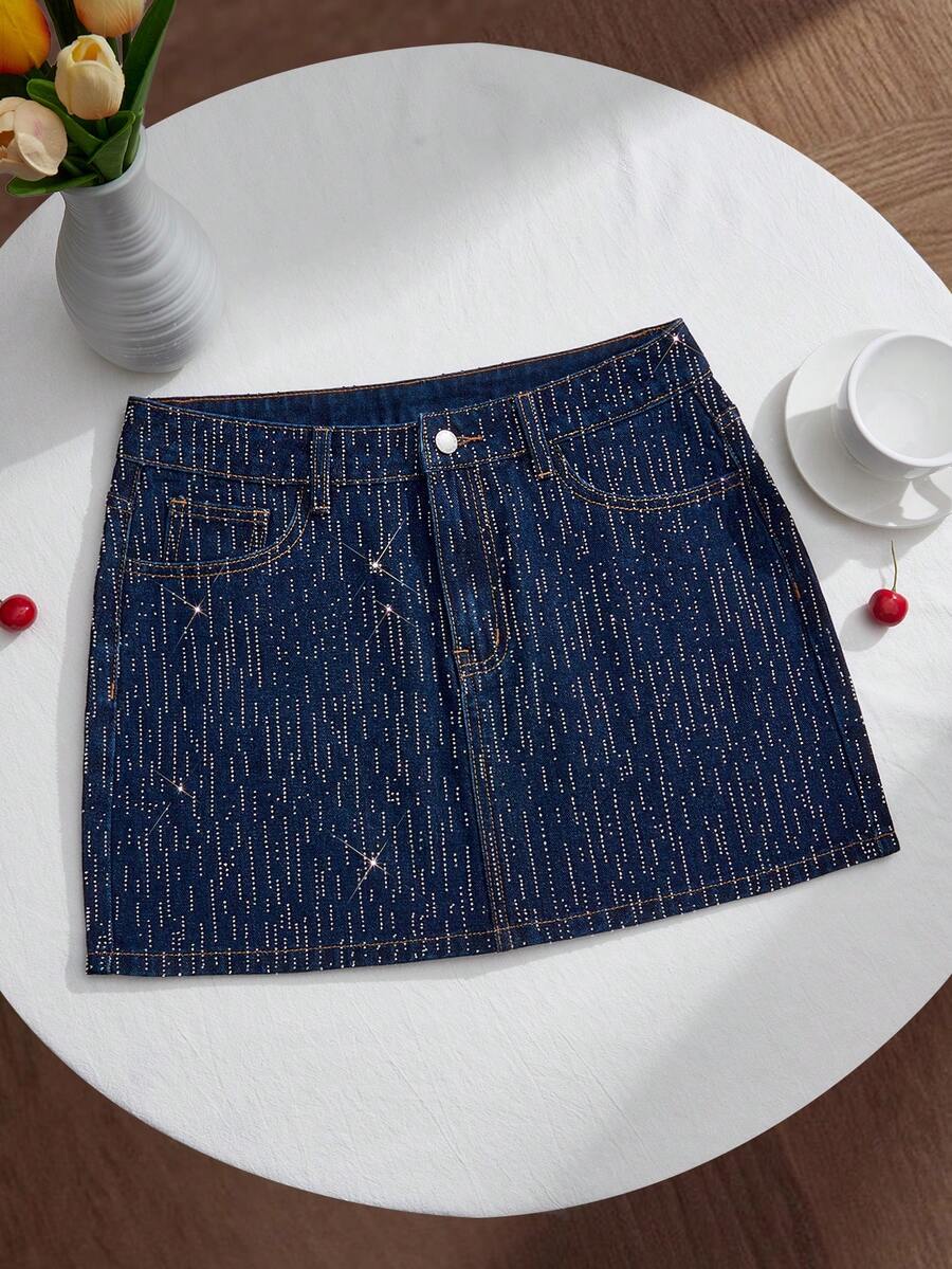 Comfortcana Women's Summer Fashion Rhinestone Embellished Slant Pocket Mini Denim Skirt - Dark Wash - View 1