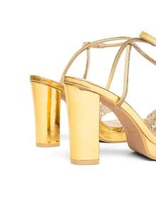 CUCCOO SZL Women's Fashion Gold Rhinestone Chunky Heel Platform High Heel Sandals, Suitable For Dates, Gatherings, Parties, Weddings And Other Occasions Prom Heels Summer Shoes - Gold - View 5
