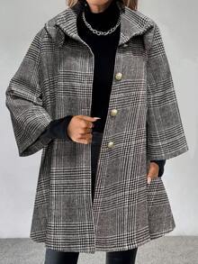 LanaWest Women's Grey Traceable Plaid Fabric High Collar Dropped Shoulder Metal Button Design Loose Hem 3/4 Sleeve Elegant Classy Thanksgiving Halloween Streetwear Casual Boho Autumn/Winter New Fashion Versatile Loose Woolen Jacket - Multicolor - View 5