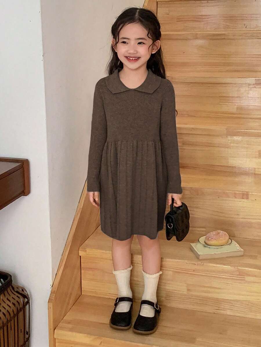 Dazy Kids 女童高领长袖毛衣连衣裙 - 棕色 - 查看 1
