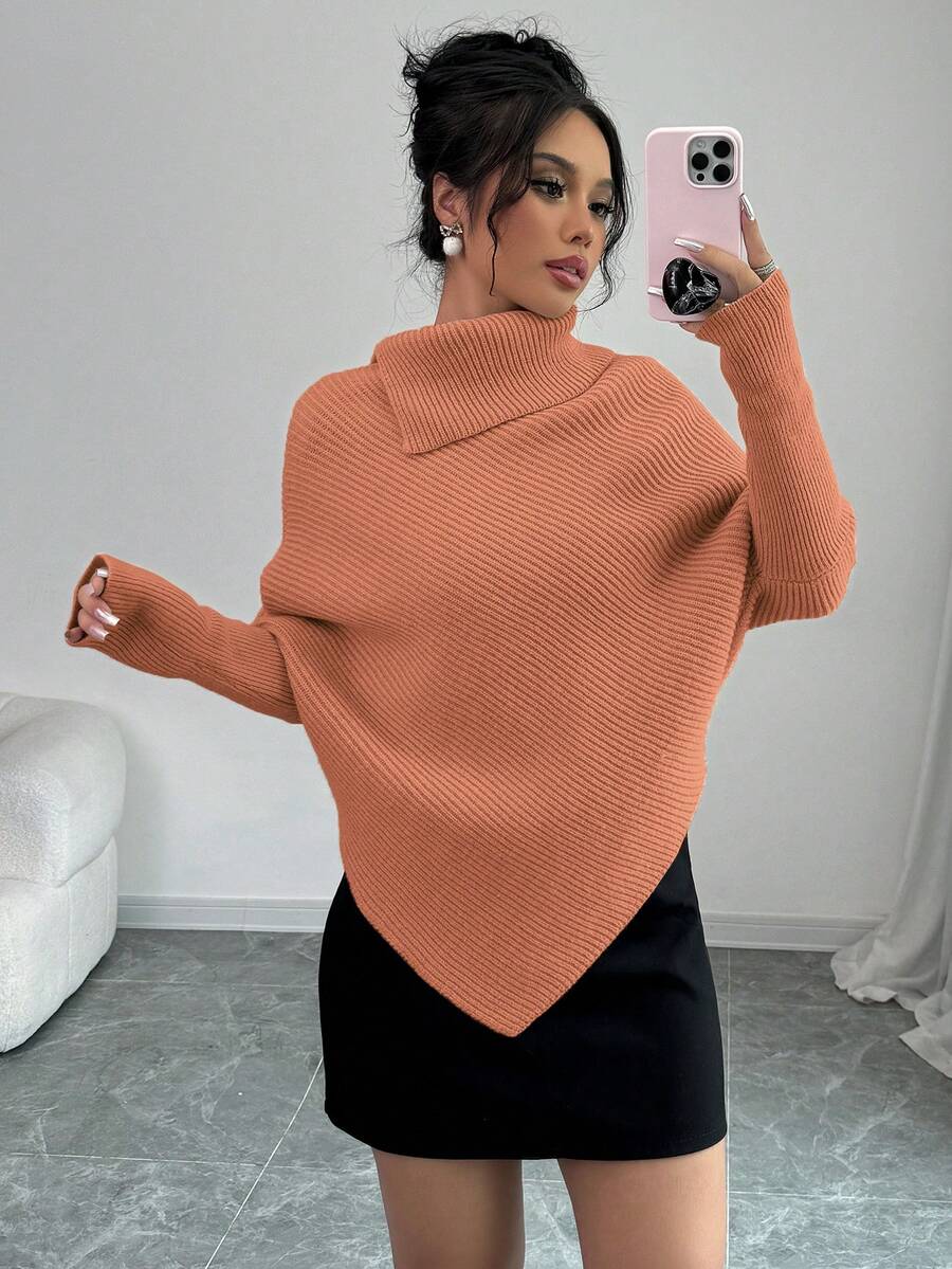 Elenzga Suéter de punto clásico de cuello alto de unicolor con mangas de murciélago asimétricas para mujer, de moda y versátil para vacaciones y días festivos - Naranja - Ver 1