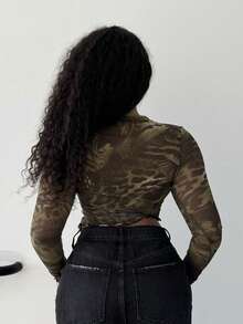 Alexandranx Top de malla de manga larga con estampado mixto de animales sexy para salir, festivales, fiestas, vacaciones en Ibiza, otoño, Halloween, invierno - Verde Oscuro - Ver 2