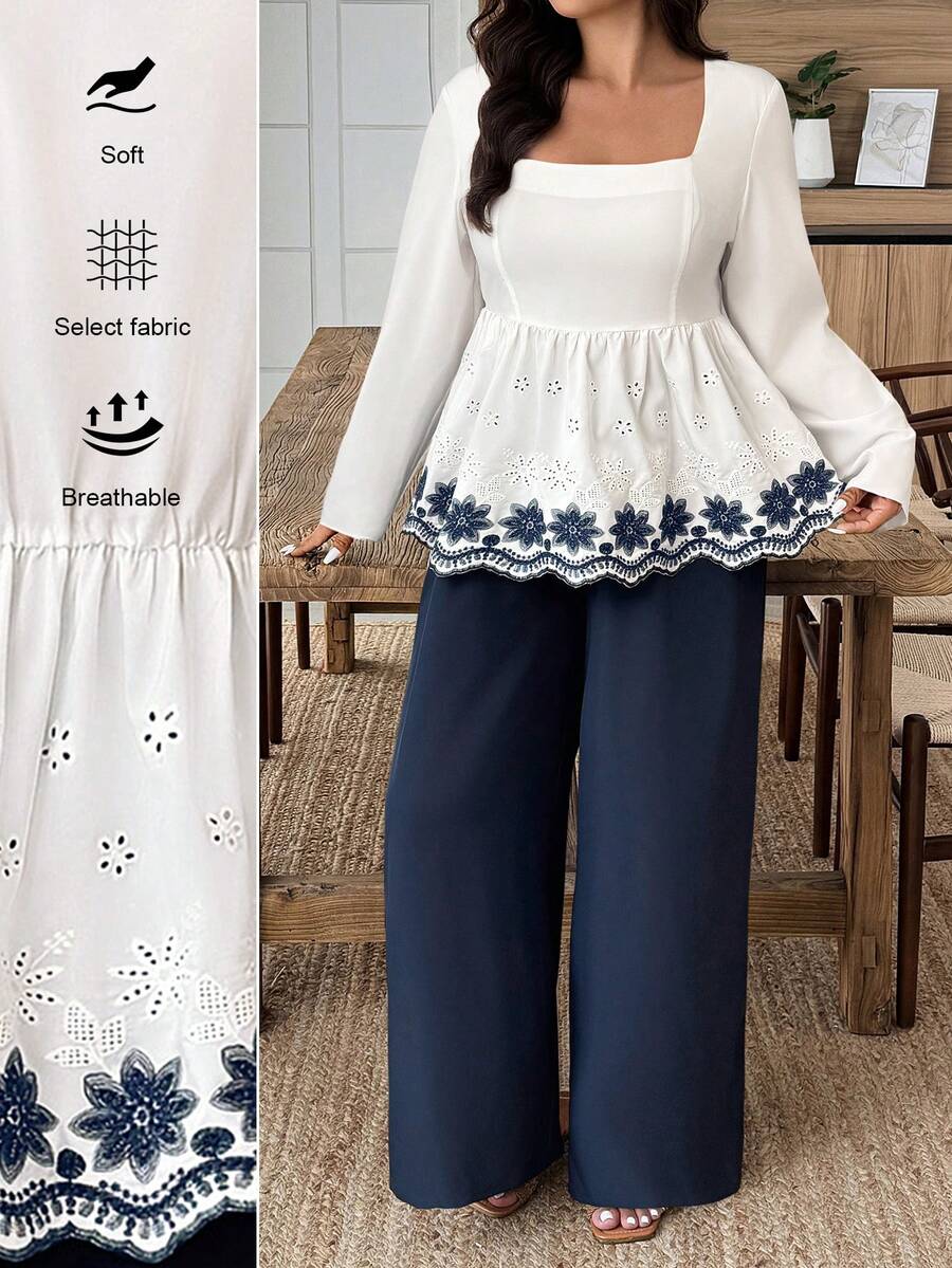 EMERY ROSE Plus Size Women's Contrast Color Embroidered Ruffle Trim Square Neck Casual 2 Pieces Set, Autumn/Winter - Blue and White - View 1
