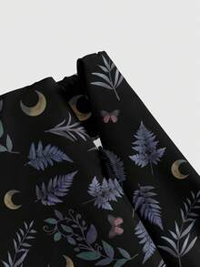 ROMWE Goth 森系深色蘑菇、太阳、月亮、星星、叶子和蕨类印花高开衩女装 - 黑色 - 查看 3