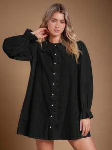 WESTFADE Đầm chữ A mini tay dài, cổ bèo nhún 100% cotton, cài nút, dễ thương, thường ngày, trang phục mùa thu, trang phục hòa nhạc đồng quê, mùa thu, mùa đông, phong cách Boho, trang phục phương Tây - màu đen - Xem 3