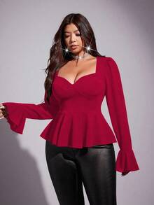 Viva Relle 大码女士优雅派对性感简约日常弹力修身甜心领长袖喇叭袖口收腰红色衬衫 - 紅色 - 查看 4