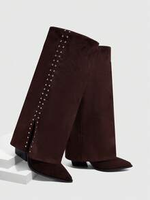 CUCCOO SZL Botas femininas de cano alto com bico fino e tachas - Ferrugem Marrom - Ver 7