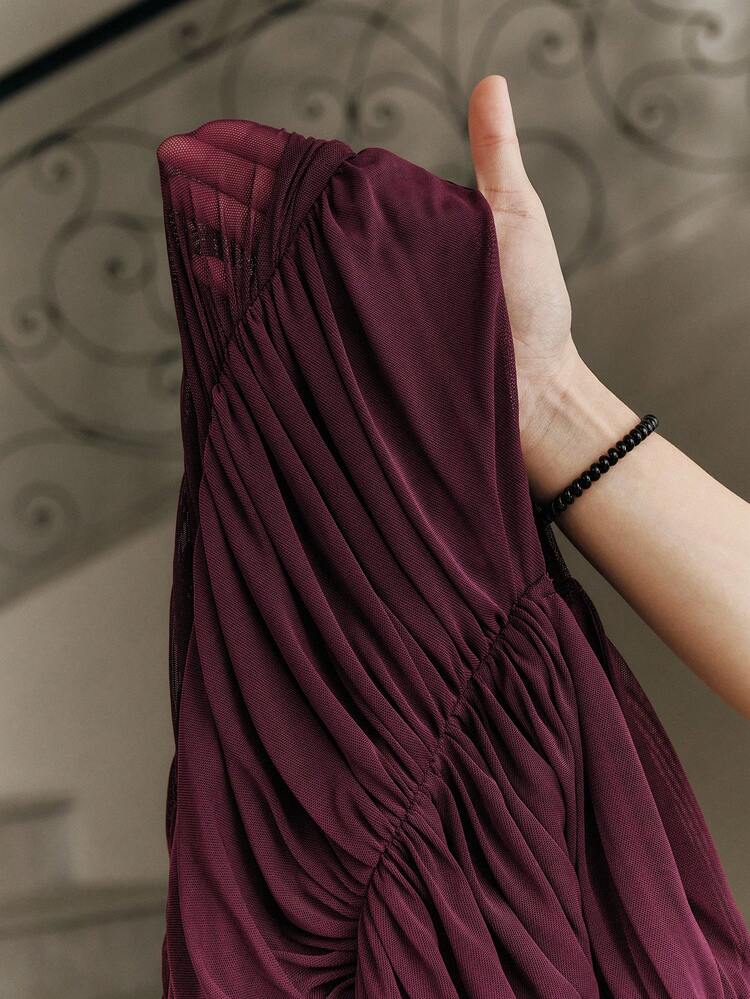 Elegant Chiffon Dress With Ruched Details, Fringe Trim, And Mesh Panels, Suitable For Wedding Party, New Year, Luxury, Elegant, Chic, Party, Spring, Summer, Valentine