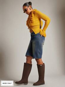 SHUZIA 女式宽筒日常休闲舒适圆头粗跟仿麂皮及膝靴，带金属装饰 - 棕色 - 查看 3