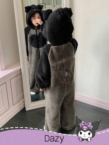 DAZY HELLO KITTY AND FRIENDS | SHEIN Young Girl Embroidered Color Block Hooded Long Sleeve Jumpsuit Pajama Thermal Lined, Winter - Black - View 3