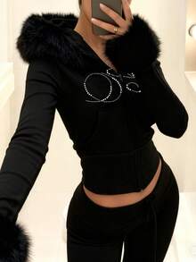 INAWLY Women's Hooded Long Sleeve Fitted Waist Sweatshirt Jacket - Black - View 5