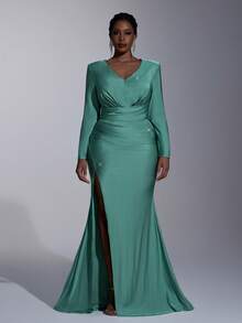 Elitara Vestido elegante y lujoso de talla grande para otoño e invierno con cuello en V profundo, hombros rectos, mangas largas, plisado asimétrico delantero, abertura alta tipo sirena, adecuado para cena, baile, cita, vacaciones, boda y eventos de noche - Verde - Ver 2