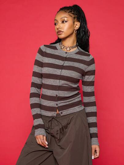 COUREZ Long Sleeve Shrunken Stripe Cardigan /Y2K Tops Fall Winter Clothes For Women Winter Top Going Out Outfits Women Cute Tops Casual Outfits Cardigans For Women