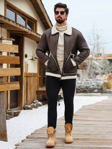 Manfinity CasualCool Men's Thermal Lined Sherpa Jacket,Dark Beige,Winter,80s,Hiking,Contrast Color Fur Collar Zip-Up Long Sleeve Brown Bomber Jacket For Autumn/Winter - Coffee Brown - View 3