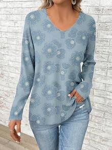 EMERY ROSE Blumen-Muster Oversize V-Ausschnitt Langarm T-Shirt für Damen, geeignet für Musikfestivals und Schulbeginn, Herbst/Winter - Verschiedenfarbig - Übersicht 4