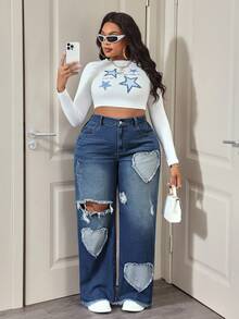 Slaydiva 大码女式爱心图案做旧宽松直筒牛仔裤，休闲牛仔装扮 - 深色水洗藍 - 查看 6