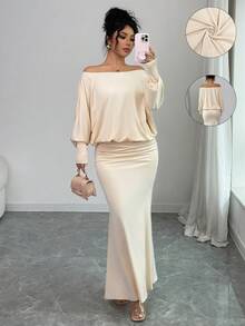 Elenzga Đầm Maxi Dài Tay Hở Vai Dáng Rộng, Eo Thon, Viền Đuôi Cá, Màu Trơn, Thanh Lịch, Thời Trang, Thoải Mái, Quyến Rũ, Phong Cách Retro Tối Giản Cao Cấp Lãng Mạn Cho Nữ - Màu be - Xem 3