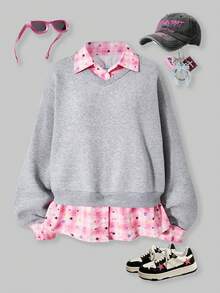 SHEIN ChillGRL Teen Girls Minimalist Versatile Striped Splicing Thermal Lined Gray Long Sleeve Sweatshirt With Plaid Decor, Autumn/Winter - Grey - View 1