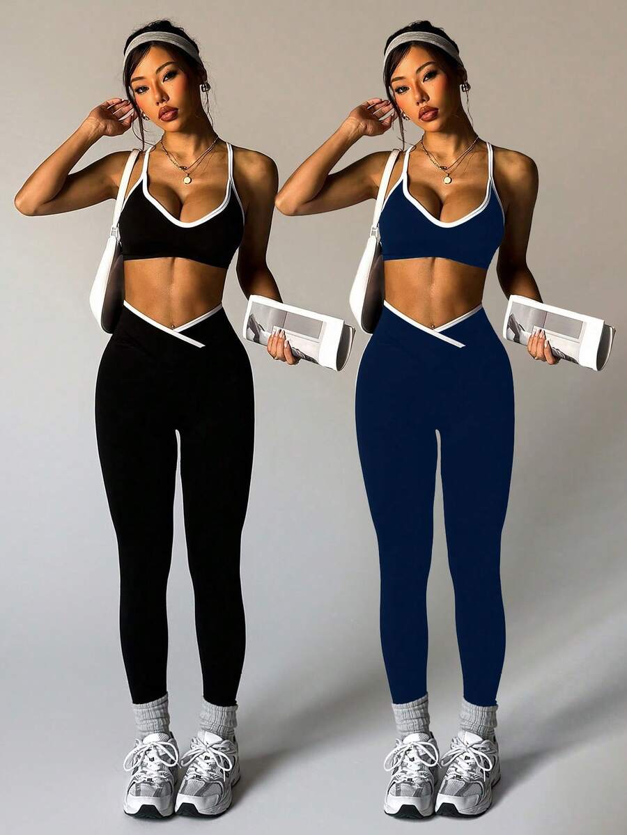 Velisys Bộ đồ tập yoga thể thao nữ với quần legging và áo hai dây co giãn viền tương phản tối giản - Nhiều màu - Xem 1