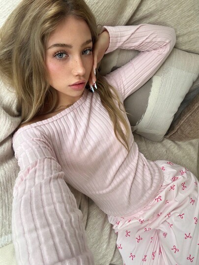 ZzzCrew Roze Ribbed Open Shoulder Top Paired Butterfly Print Pants Pajama Set view 6