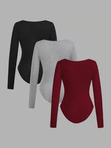 SHEIN EZwear Casual 3pcs Women Square Neck Long Sleeve Tight Fitting Outfit, Suitable For Autumn/Winter - Multicolor - View 2