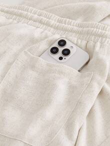 HIMLAND 男士休闲梭织染色提花波浪图案V领亚麻短袖衬衫套装（2件/套）