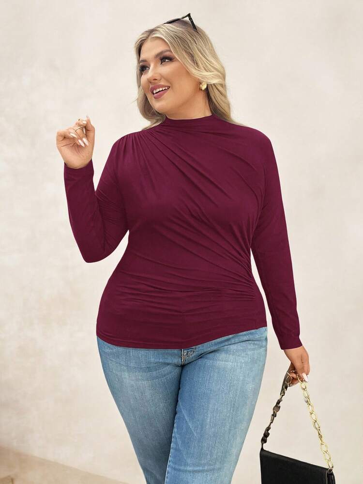 SHEIN Clasi Women's Casual Solid Color Slim Fit Long Sleeve Plus Size T-Shirt - Burgundy - View 5