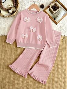 年轻女孩的毛衣套装 - 甜美厚重 3D 手工蝴蝶结和珍珠缀饰粉色针织套装，宽松百搭时尚长袖套头衫 + 裤子两件套，适合秋冬季日常穿着、外出和旅行 - 粉色 - 查看 3